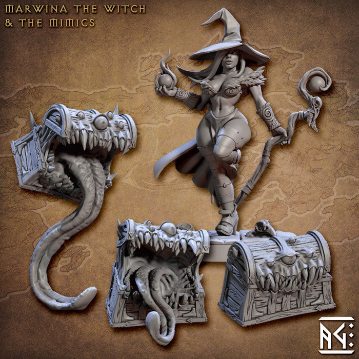 Marwina the Witch & Mimic Miniatures | Arcanist Guild | Fantasy Miniature | Artisan Guild TabletopXtra